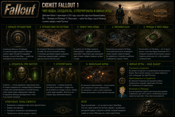 Сюжет Fallout 1: Чип Воды, Создатель, супермутанты и финал игры