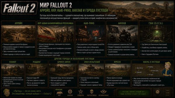 Мир Fallout 2: Арройо, НКР, Нью-Рино, Анклав и города пустоши
