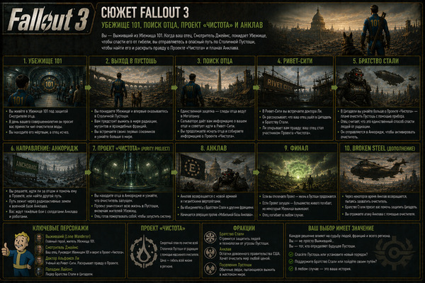Сюжет Fallout 3: Убежище 101, поиск отца, Проект «Чистота» и Анклав