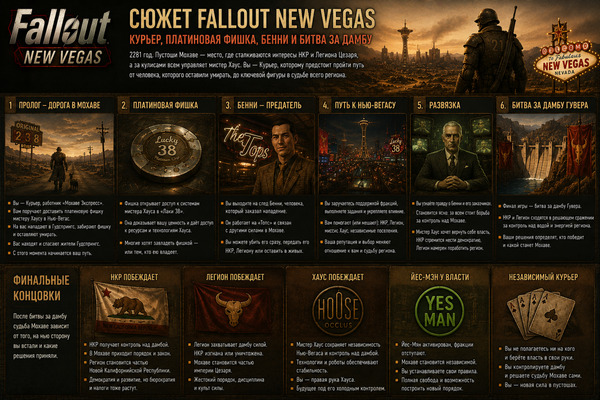 Сюжет Fallout New Vegas: Курьер, платиновая фишка, Бенни и битва за дамбу