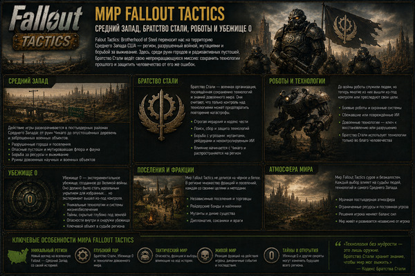 Мир Fallout Tactics — Средний Запад, Братство Стали, роботы и Убежище 0