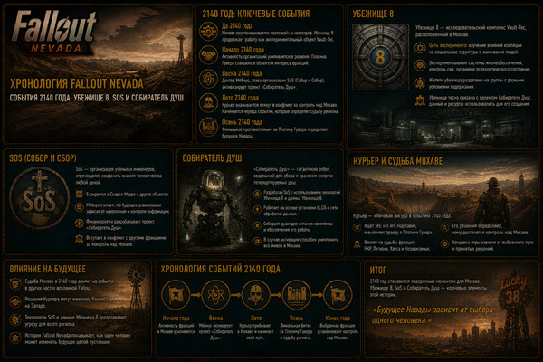 Хронология Fallout Nevada — события 2140 года, Убежище 8, SoS и Собиратель Душ