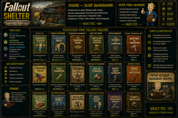 Книги Fallout Shelter — коллекции, бонусы и развитие жителей