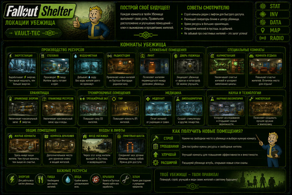 Локации Fallout Shelter — комнаты, убежище, пустошь и места заданий