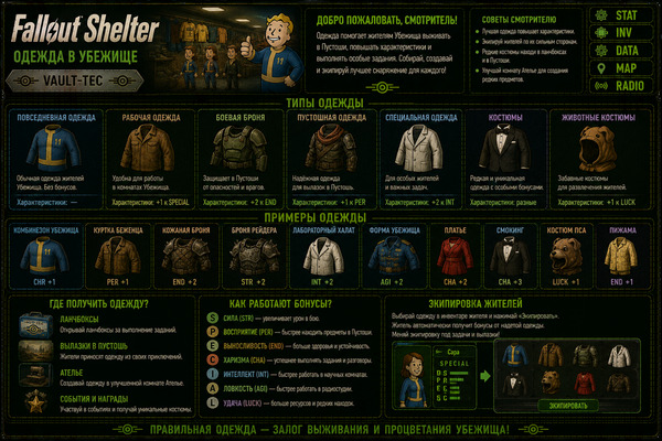 Одежда Fallout Shelter — костюмы, экипировка и бонусы жителей