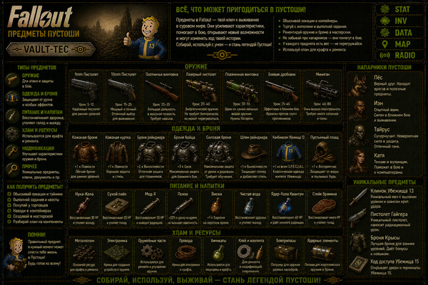 Предметы Fallout 1 — вещи, ресурсы, экипировка и полезные находки