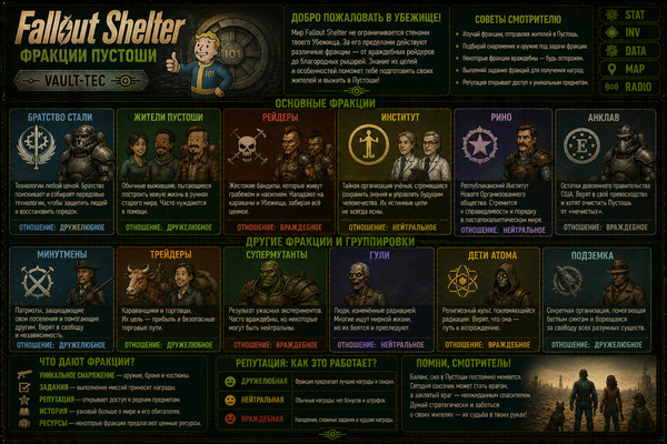 Организации Fallout Shelter — Vault-Tec, жители, фракции и угрозы убежища