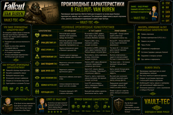 Производные характеристики Fallout Van Buren — здоровье, очки действия и параметры героя