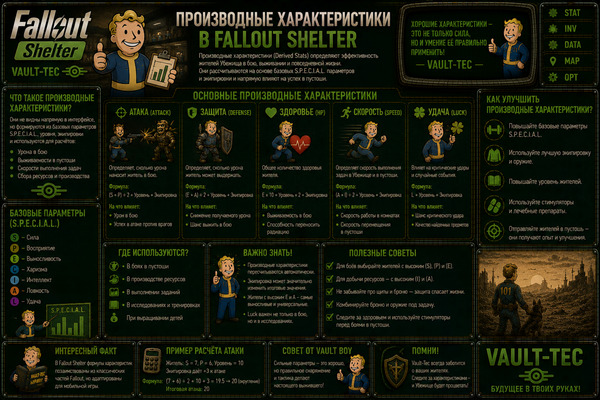 Производные характеристики Fallout Shelter — здоровье, урон и параметры жителей