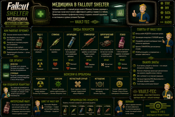 Медицина Fallout Shelter — стимпаки, антирад, лечение и здоровье жителей