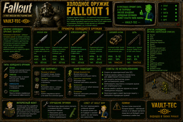 Холодное оружие Fallout 1 — ножи, копья, кувалды и ближний бой
