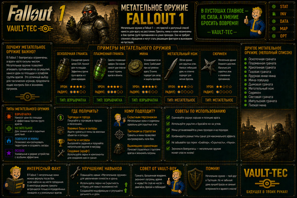 Метательное оружие Fallout 1 — гранаты, коктейли Молотова, метательные ножи, копья, камни и навык Throwing. Разбор оружия, тактики боя, гранат, плюсов