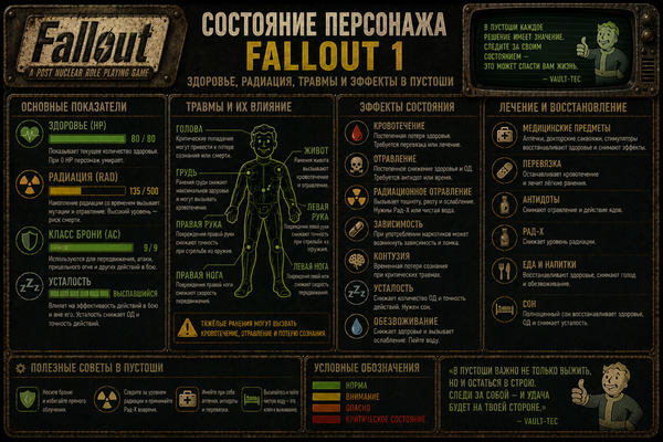 Состояние персонажа Fallout 1 — здоровье, радиация, травмы и эффекты