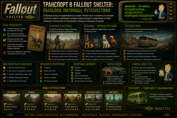 Транспорт Fallout Shelter — вылазки, питомцы, путешествия и жители убежища