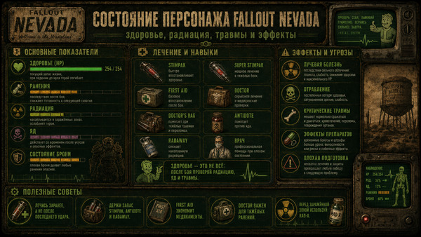 Состояние персонажа Fallout Nevada — здоровье, радиация, травмы и эффекты