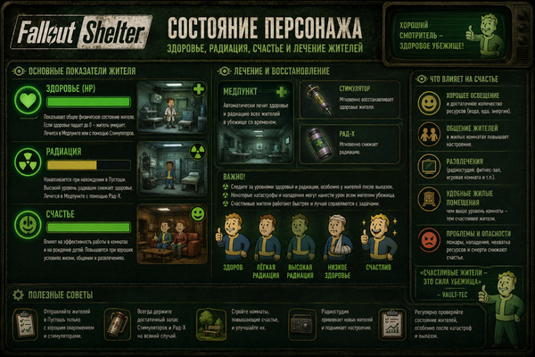 Состояние персонажа Fallout Shelter — здоровье, радиация, счастье и лечение жителей