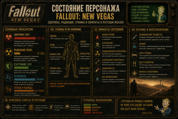 Состояние персонажа Fallout New Vegas — здоровье, радиация, травмы и эффекты
