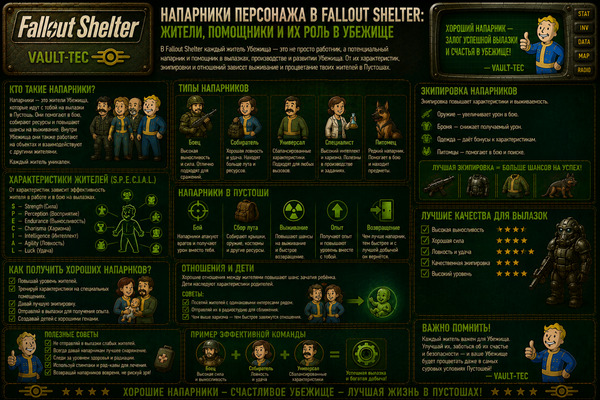 Напарники персонажа Fallout Shelter — жители, помощники и команда убежища