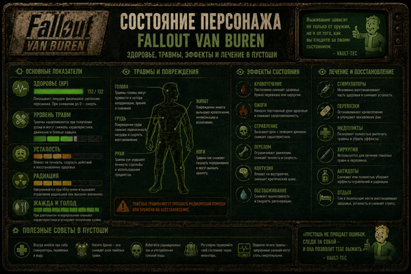 Состояние персонажа Fallout Van Buren — здоровье, травмы, эффекты и лечение