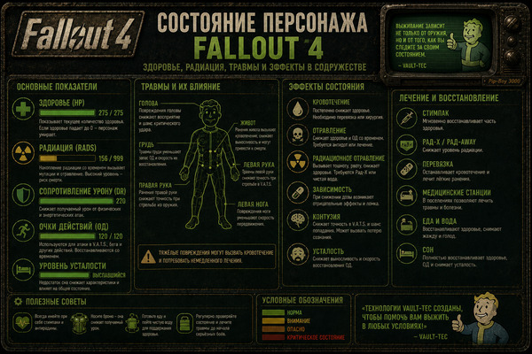 Состояние персонажа Fallout 4 — здоровье, радиация, травмы и эффекты