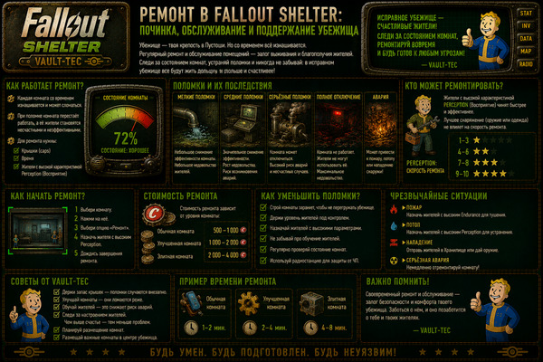 Ремонт Fallout Shelter — починка, обслуживание и развитие убежища