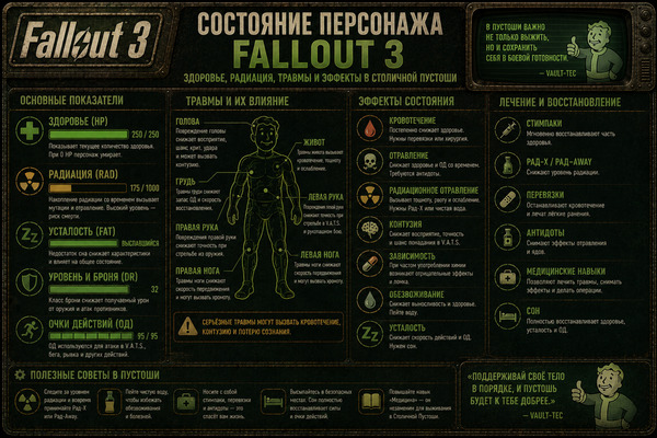 Состояние персонажа Fallout 3 — здоровье, радиация, травмы и эффекты