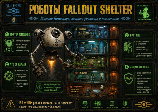 Роботы Fallout Shelter — мистер Помощник, защита убежища и технологии