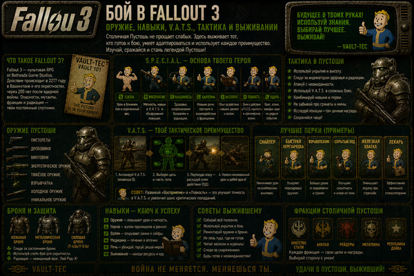 Бой Fallout 3: оружие, навыки, V.A.T.S., ремонт, броня, патроны, спутники, враги, мины, скрытность и тактика выживания в Столичной Пустоши.