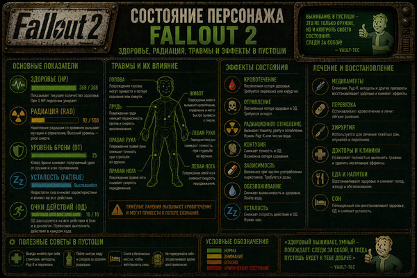 Состояние персонажа Fallout 2 — здоровье, радиация, травмы и эффекты